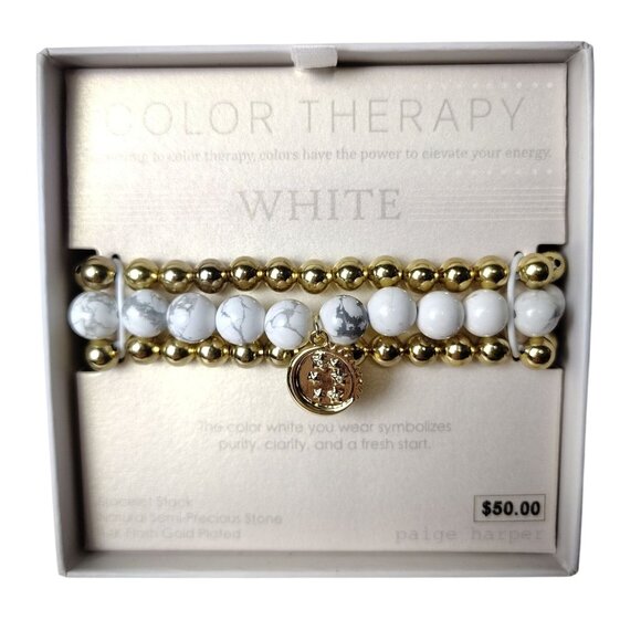 Paige Harper Jewelry - White Color Therapy Adjustable Bracelet Stack Natural Stone and 14K Gold Plated